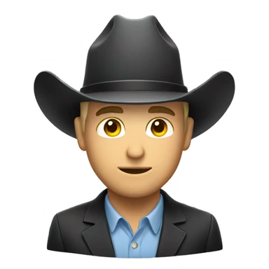 White man in a suit with a cowboy hat sticker