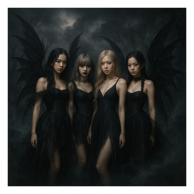 Blackpink in fairy goth style, ethereal, dark wings, mystical atmosphere sticker