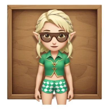 elf female legolas portrait, patterned board shorts (geometric/abstract), unique wooden-framed sunglasses, undercut hairstyle, slight smirk, visible pointy ears, no background, centered emoji, hipster summer vibe sticker