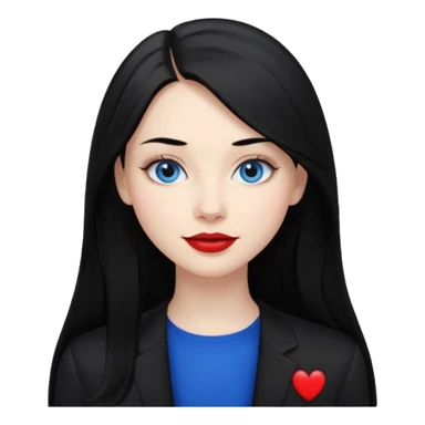 20 yr old woman long straight black hair, pale skin, blue eyes, red lipstick, black clothes, small smile sticker