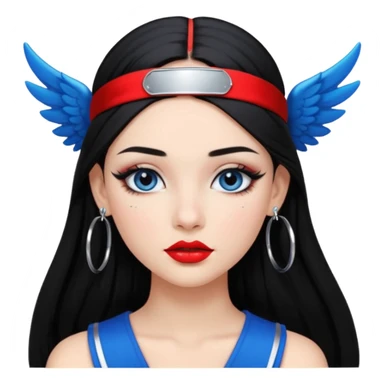 Girl with Black long straight hair with headband black one that puts hair pushed back winged eyeliner both upoer and lower line blue eyeshadow silver hoops  sticker