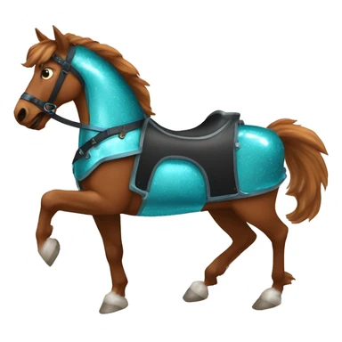 Chestnut and black speckled brindle horse running galloping wearing blue and cyan armour  sticker