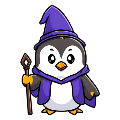penguin with wizard hat and robe, holding a magic staff, magical sticker