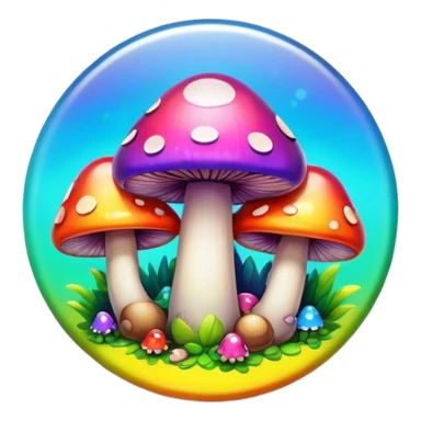 A round psychedelic colored button with bezeled edges and rainbow colored mushrooms sticker
