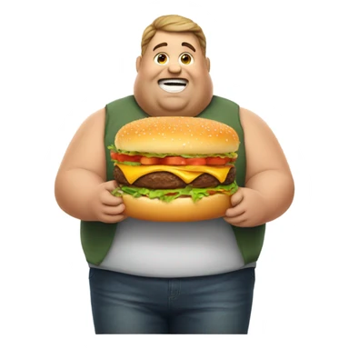 A fat man with a burger sticker