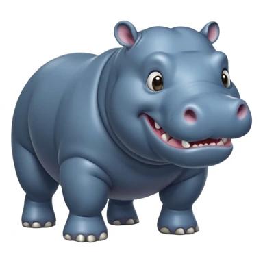 cinematic-hippo-realistic-full-body-side-view-standing-on-all-fours-emoji,-massive-round-frame,-wide-mouthed-grin-exposing-huge-teeth,-head-tilted-dramatically,-thick-greyish blue-hide-glossy, big cute eyes sticker
