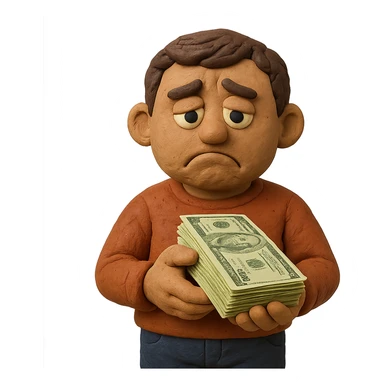 claymation style dark brown haired guy with a round face, disappointed expression, holding a stack of cash sticker
