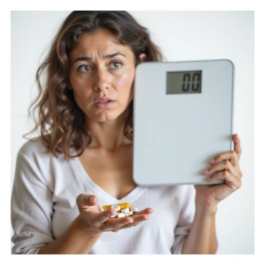hyperrealistic 4K vertical 9:16 close-up of a woman holding Metformin, next to a scale showing the same weight as before, discouraged expression, white background sticker