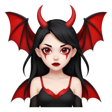 demon girl, skin red , black long hair, small horns, bat wing, black open-back dress, bold black outlines sticker