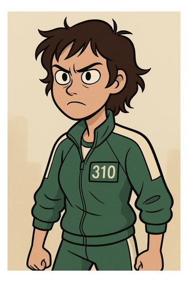 Hyun Ju character from Squid Game 3, stylized cartoon, green tracksuit, determined look, simple background sticker