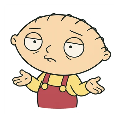 Stewie from Family Guy with a puzzled face and shoulders raised, cartoon style sticker