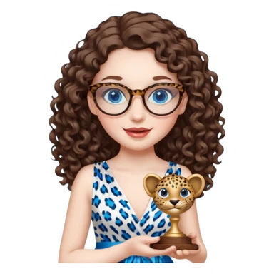 A girl with white pale skin, full lips, brunette LONG curly hair. She is wearing a white  silk dress. She is holding an award and happy. She has a leopard print round-ish shaped glasses. She has blue eyes. sticker