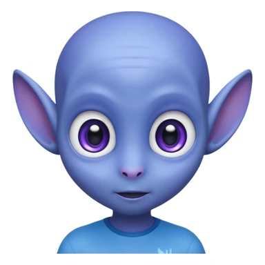 Portrait of an cute alien with smooth purple-blue skin, small antennae, large black oval eyes, small nose, and visible ears, elongated head, front-facing, wearing blue t-shirt, soft glow, simple futuristic design sticker