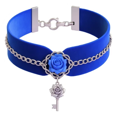 gothic choker with cobalt blue velvet band, silver chained lock, blue rose accent, ethereal white mist effect, rich and gothic sticker
