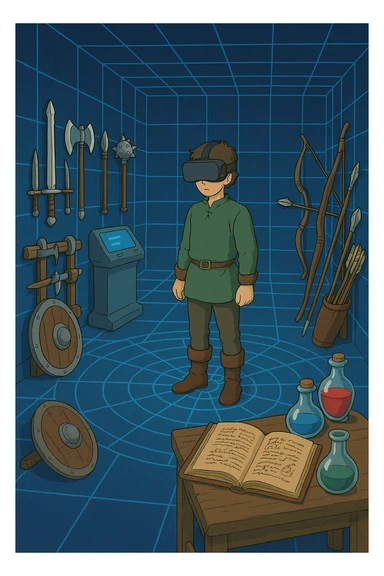 A virtual simulated training environment for combat drills, configured with swords, daggers, axes, maces, halberds, bow and arrows, and shields, as well as spell books and potions  sticker