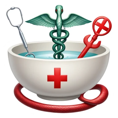 An icon featuring a caduceus (a bowl with a snake), a red cross, symbolizing medicine. The design includes medical tools and symbols, representing healthcare, diagnosis, and healing practices. Transparent background highlights the profession and study of medicine. sticker