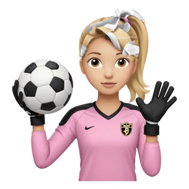 Make a dirty blonde football goalkeeper with goalkeeper gloves on holding a regular  The girl is light skinned and wearing a light pink football. Wearing a ponytail with the dirty blonde. Make it without the whole body. With full sleeves. WITHOUT A RUGBY BALL JUST REGULAR BLACK AND WHITE BALL sticker