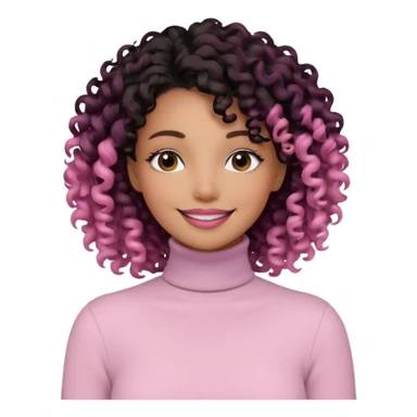 a woman with white long sleeve turtle neck top and smile, her hair is long curly and the color is black, her eyes color are black and the color of her lip is soft pink sticker