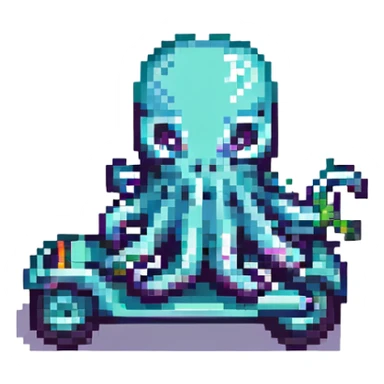 octopus riding a scooter, pixel art style sticker