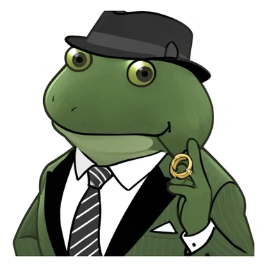 mob boss Italian frog wearing a pinstripe suit, fedora, and gold ring, taking tea sticker