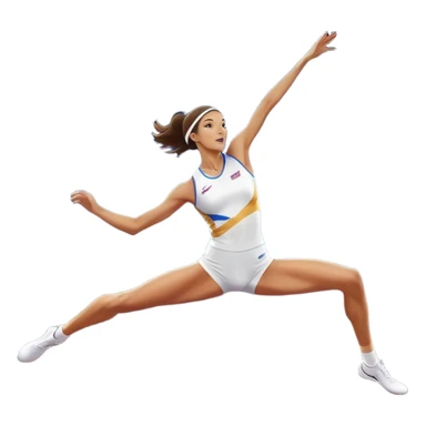 An icon featuring a female high jumper in mid-air, gracefully clearing a bar on a track. She wears a white athletic uniform and appears focused, with the background showcasing a vibrant stadium with cheering spectators and bright lights. Transparent background highlights the elegance  sticker