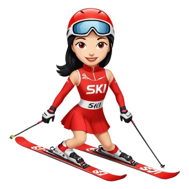 Ski racer woman red white dress written STEPHANIE on the dress black hair smile sticker