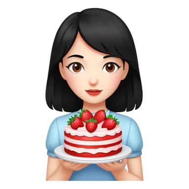 Beautiful black-haired girl holding a strawberry cake sticker
