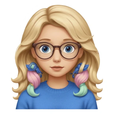 blonde girl with long dark blonde wavy hair, blue big eyes, pantos-style glasses, a brown sweater, sitting and looking in laptop, soft pastel, upper body shot sticker