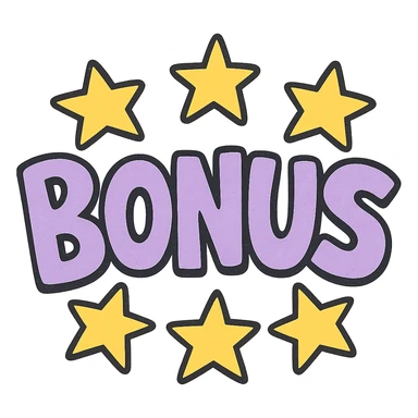 the word BONUS in large letters, all the same vibrant color, surrounded by stars, no background or sign behind, just the letters and stars, vibrant cartoon style QUIERO EXACTAMENTE IGUAL SOLO QUE LAS LETRAS DEBEN SER VIOLETA PASTEL Y LAS ESTRELLAS AMARILLAS sticker