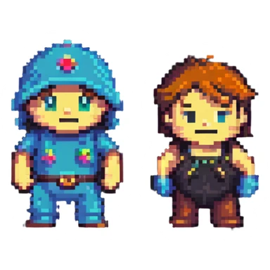 Mac and Chesser as pixel art characters, retro video game vibe sticker