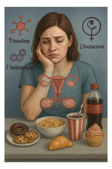 Donna tra i 25 e i 35 anni con espressione affaticata e delusa, seduta a tavola. Davanti a lei cibi ad alto indice glicemico: dolci industriali, cereali raffinati, bibite zuccherate. In trasparenza sopra il suo corpo si vedono ovaie con cisti multiple (PCOS) e un simbolo stilizzato di fertilità (utero con fiore appassito o cerchio spezzato). Attorno a lei fluttuano molecole simboliche come '↑ Insulina', '↑ Testosterone', '↓ Ovulazione'. Atmosfera triste ma educativa. Colori freddi con accenti in rosso e viola. Stile realistico con elementi visivi simbolici chiari in italiano sticker