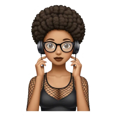 Black girl with afro in a bun, wearing headphones, glasses and a fishnet top sticker