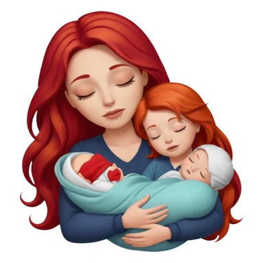 White woman with long red hair and makeup holding a sleeping baby sticker