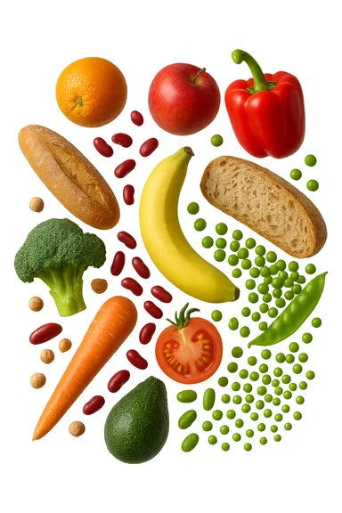 FRUTTA, PANE, LEGUMI E VERDURE CRUDE FLUTTUANO IN ARIA, IPERREALISTICA 4K sticker