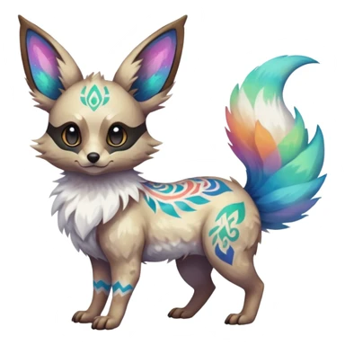 Rare iridescent white exotic epic aesthetic colorful Trico-Eevee-Genet-species-Fakemon-hybrid-creature, with intricate tattoo markings, full body sticker