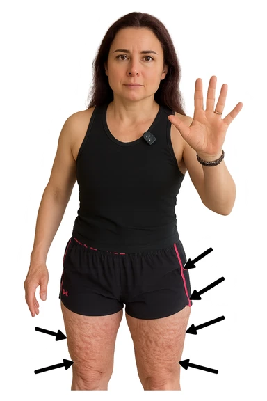 Donna con cellulite sulle cosce indica le cosce che sono infiammate di cellulite con frecce ad indicare  sticker