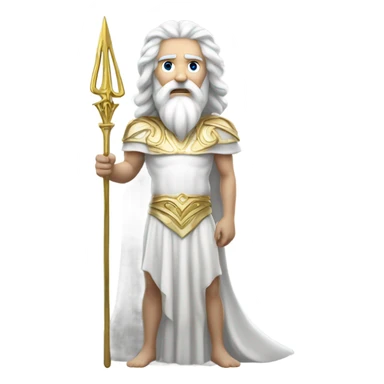 white man Poseidon with gold Trident. long white hair white dress.  with  hose sticker