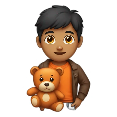 indian kid with black hair wearing a collared brown sweater polo holding a orange teddy bear sticker