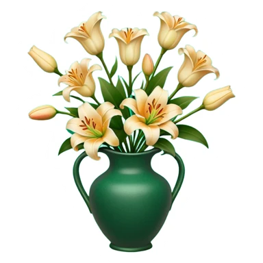 Lily and Rose bouquet in a dark green pottery vase with designs sticker
