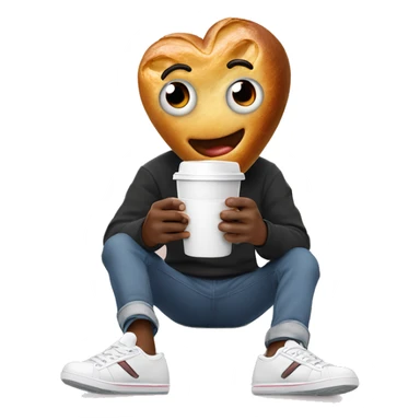 an image of a heart with eyes, hands and feet in sneakers. He holds a croissant in one hand and a cup of coffee in the other sticker