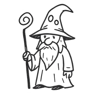 strange wizard with odd hat and staff, hand drawn black outline style sticker