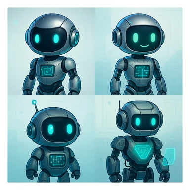 A tech-themed robot character, futuristic, friendly, with digital accents, in four distinct visual interpretations sticker