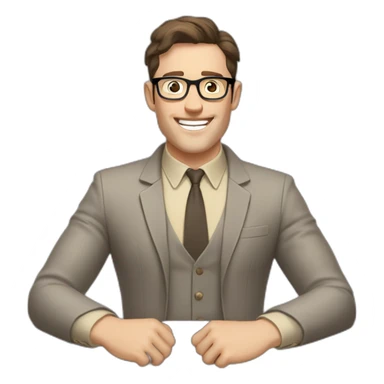 Joyful Celebrating victory Hands up Pale skinned Fit Man With dark brown hair in gray jacket, beige office shirt, Brown pants and vintage glasses sitting In a soft chair sticker