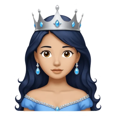 Por favor hazme el emoji de la princesa pero con piel canela con el pelo negro y ondulado y largo, los ojos marrones y la corona plateada con jollas azules sticker