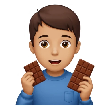 A boy holding a chocolate bar with him chewing on the bite he took sticker