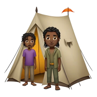 dark skinned black man with short dreads standing next to a tent looking at the tent with an evil smile on his face sticker