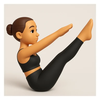 Create an emoji of a woman doing a Pilates teaser pose inspired by the reference photo. The style should be 3D emoji with a neutral background and a serene expression on her face. sticker