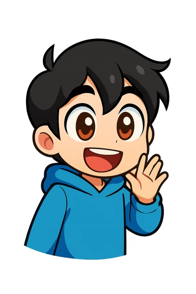 Extract the bottom left character with black hair and blue hoodie as a fully visible, separate image with a transparent background, keeping the original chibi stickers cartoon style and appearance. sticker