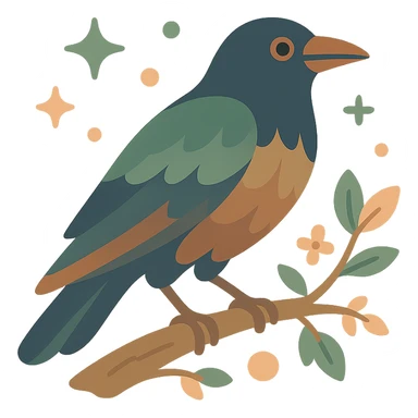 A mysterious crow perched on a branch, surrounded by a soft, magical atmosphere. The crow’s feathers are deep, dark hues with hints of golden orange (FA9B41), forest green (4A7C5C), muted taupe brown (96775A), and pastel peach (FFCC9A) subtly blending into its plumage. The branch is weathered and textured, with small leaves in green and peach tones, and delicate flowers or tiny sparks floating around. The lighting is soft and ambient, casting a warm, mystical glow over the scene, creating a quiet yet enchanting atmosphere. The crow’s sharp eyes and poised posture add to the mysterious, slightly gothic vibe of the moment sticker