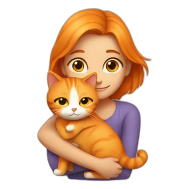 Girl with center parting hugs orange cat sticker